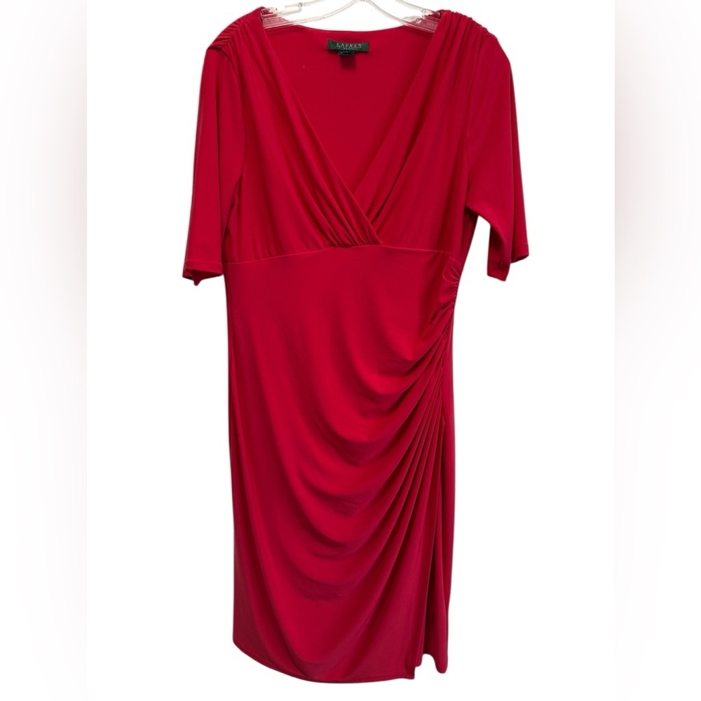 Lauren by Ralph Lauren red V-neck ruching short sleeve cocktail dress size 12